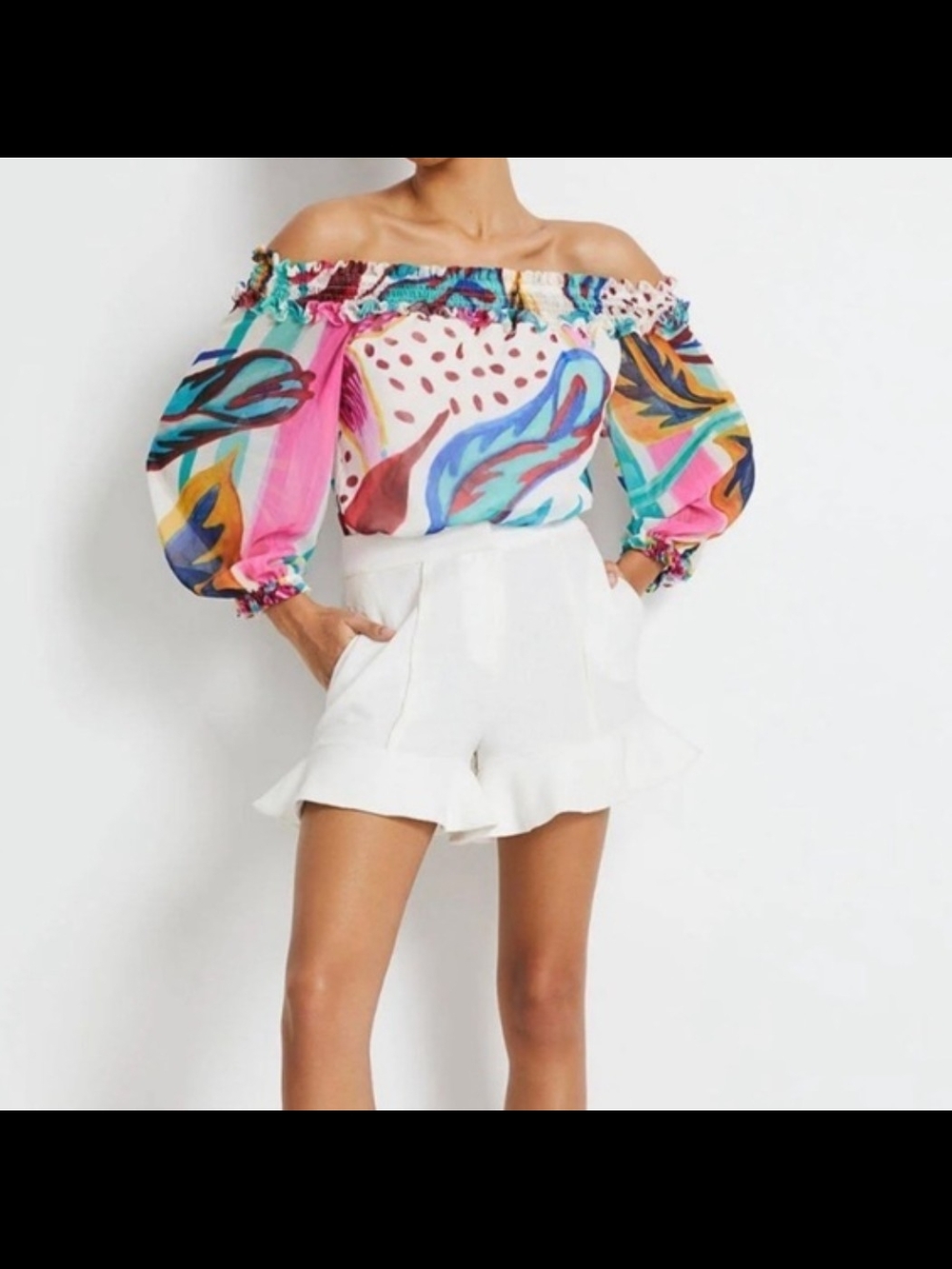 Patbo Colorful Abstract Puff Sleeve Off-The-Shoulder Top XS Tropical